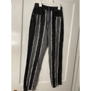 Ragged Jeans Black Gray High Waisted Distressed Stripe‎ Punk Rock Denim